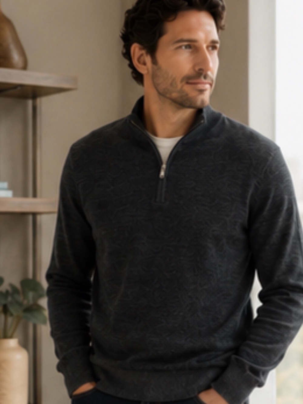 Theory Men’s Gray Merino Wool Quarter-Zip Sweater – Size Large